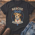 T-shirt with a rescued dog graphic and text "RESCUE DOG RESCUED LOVED".