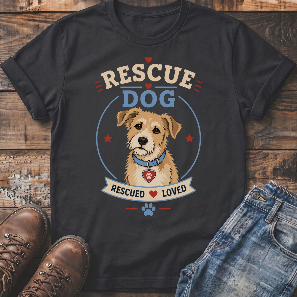 T-shirt with a rescued dog graphic and text "RESCUE DOG RESCUED LOVED".