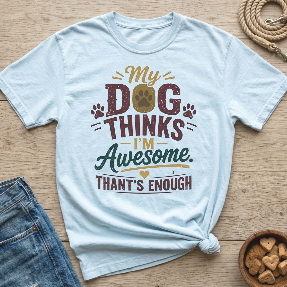 Light blue t-shirt with text "My Dog Thinks I'm Awesome. Than't's Enough."