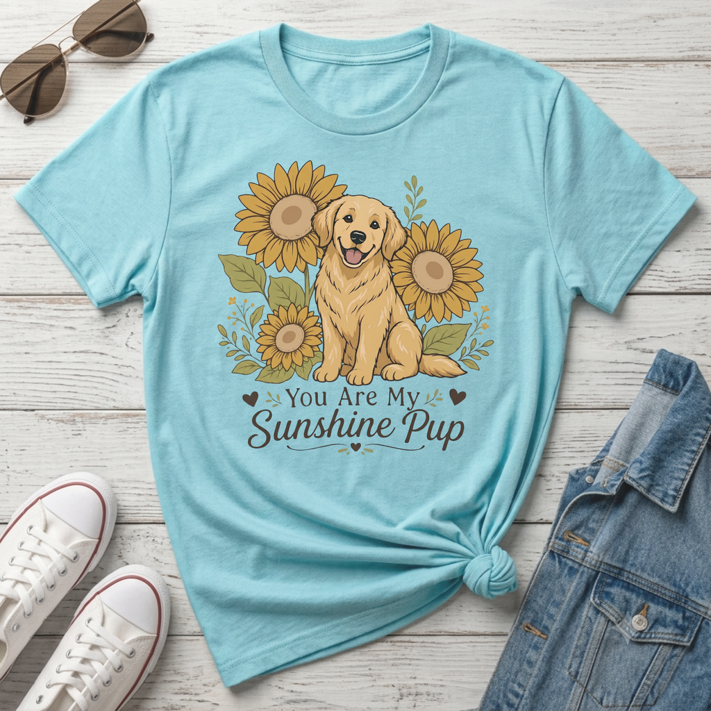 Light blue t-shirt with golden retriever and sunflowers graphic, text "You Are My Sunshine Pup".