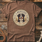 Bernese Mountain Dog graphic with text "I Rescued My Best Friend" on brown t-shirt.