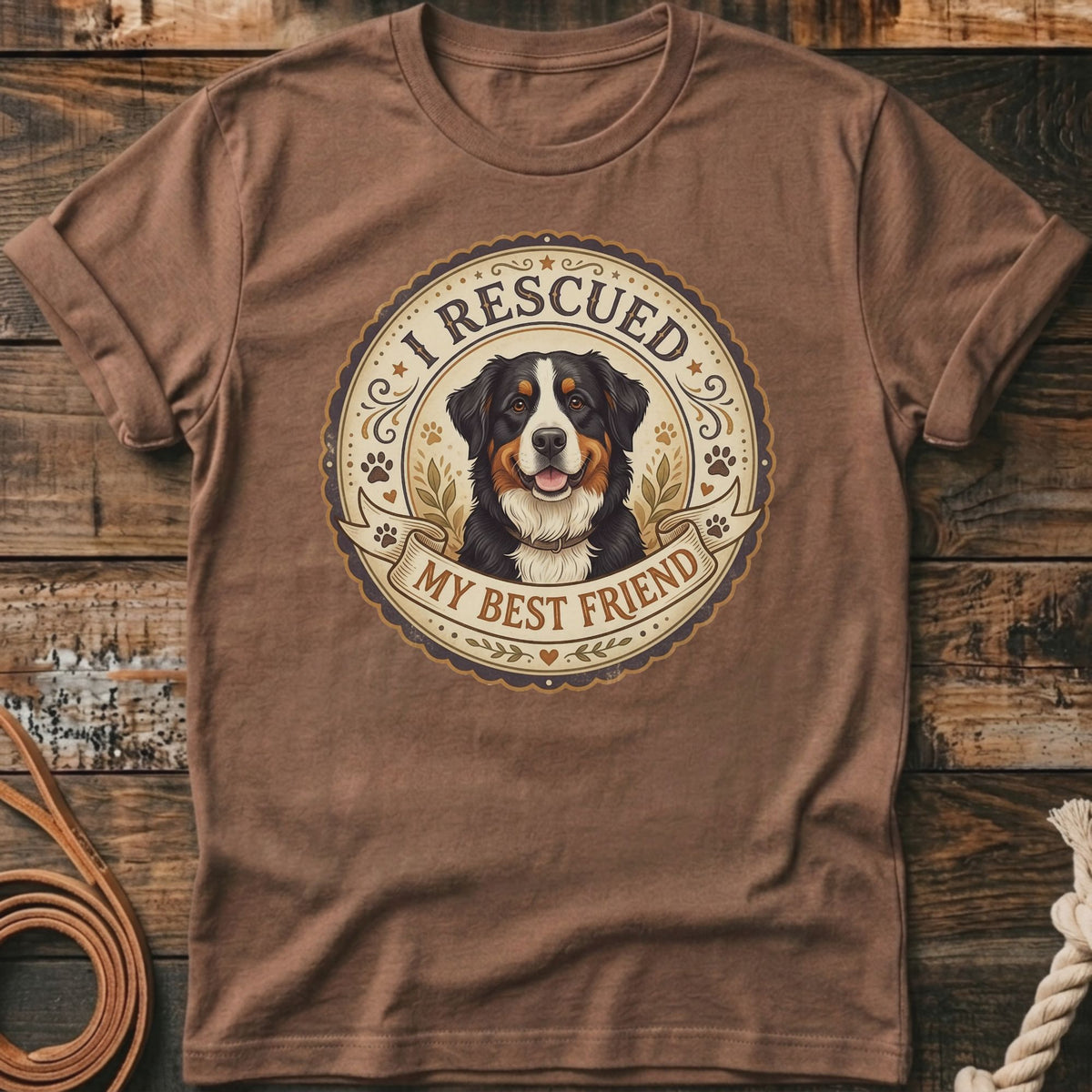Bernese Mountain Dog graphic with text "I Rescued My Best Friend" on brown t-shirt.