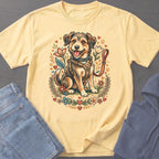 Illustration of a happy dog wearing a harness, surrounded by flowers, hearts, and leaves.