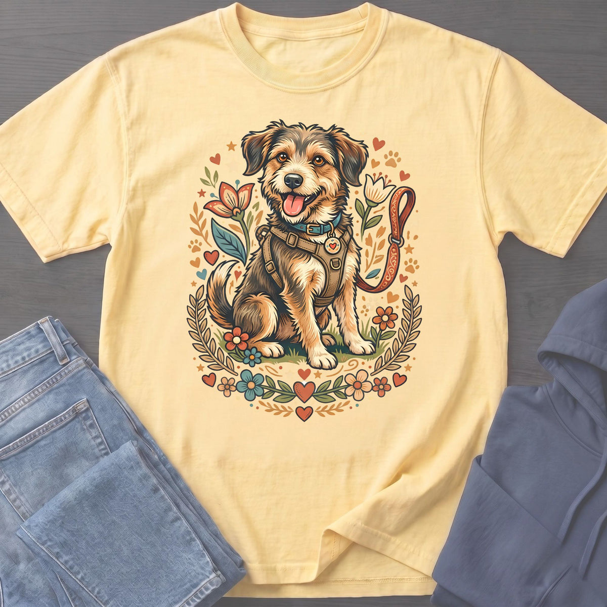 Illustration of a happy dog wearing a harness, surrounded by flowers, hearts, and leaves.