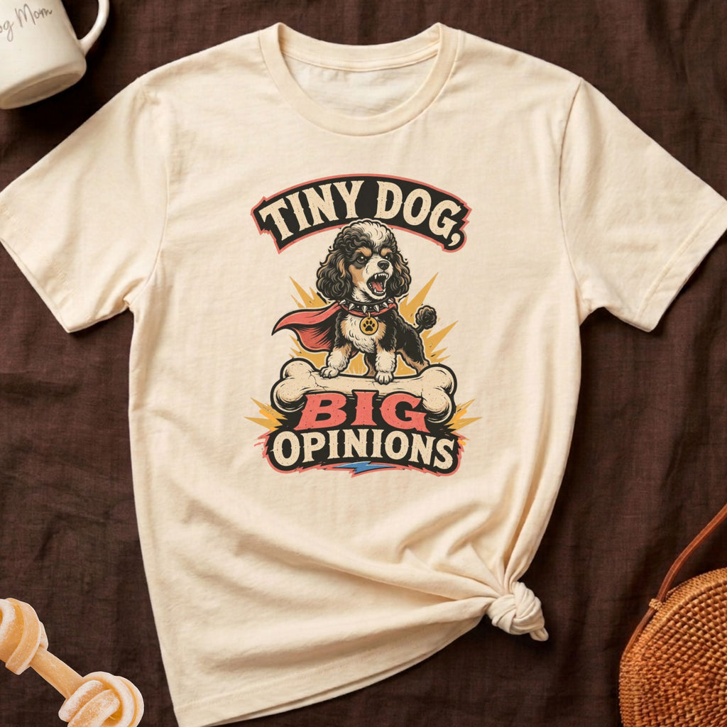 Cream t-shirt with graphic of a poodle wearing a cape, reading "Tiny Dog, Big Opinions".