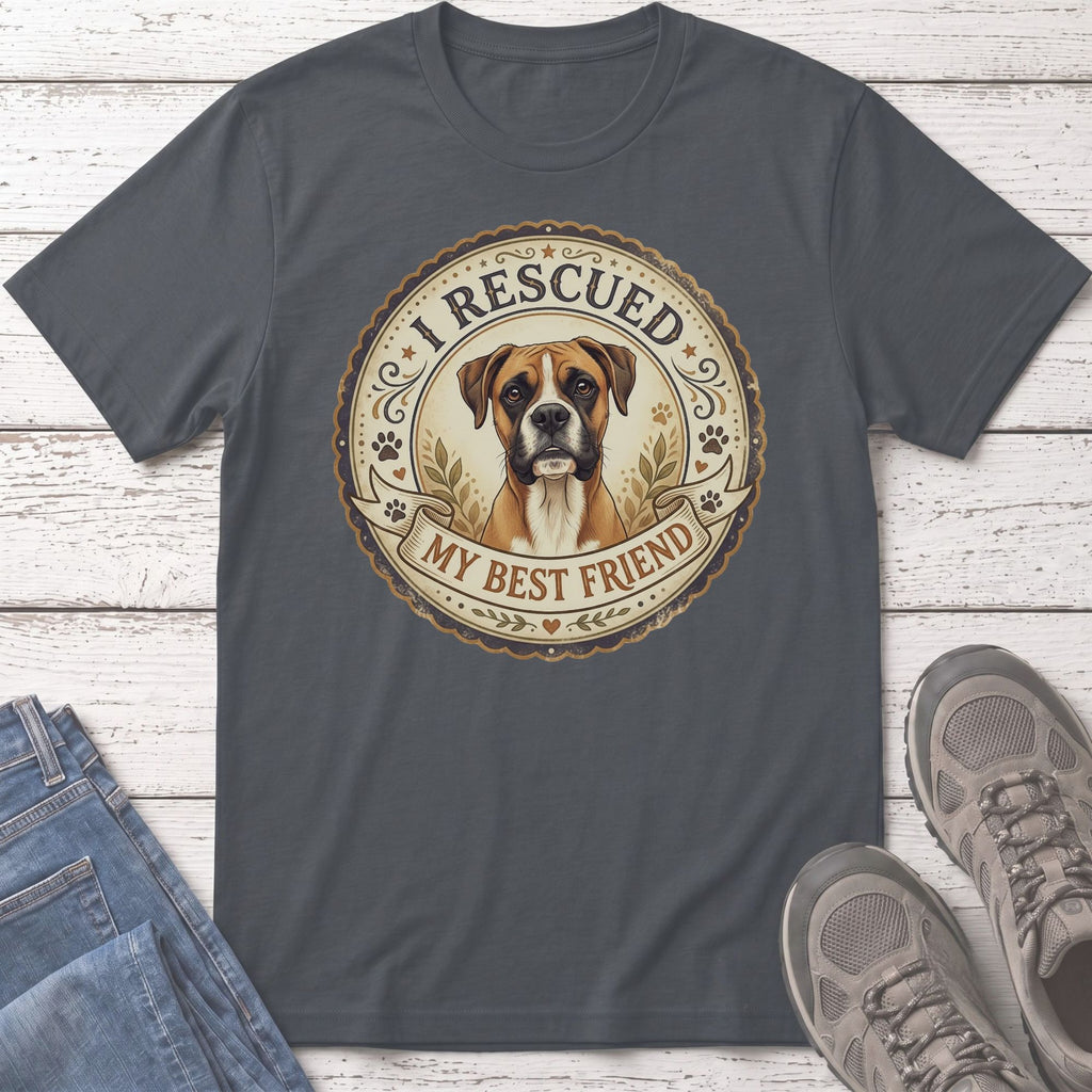 Boxer dog portrait on dark gray t-shirt with text "I RESCUED MY BEST FRIEND".