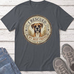 Boxer dog portrait on dark gray t-shirt with text "I RESCUED MY BEST FRIEND".