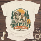 Shih Tzu on camping chair with "Dog Parent Social Club" text and dog accessories.