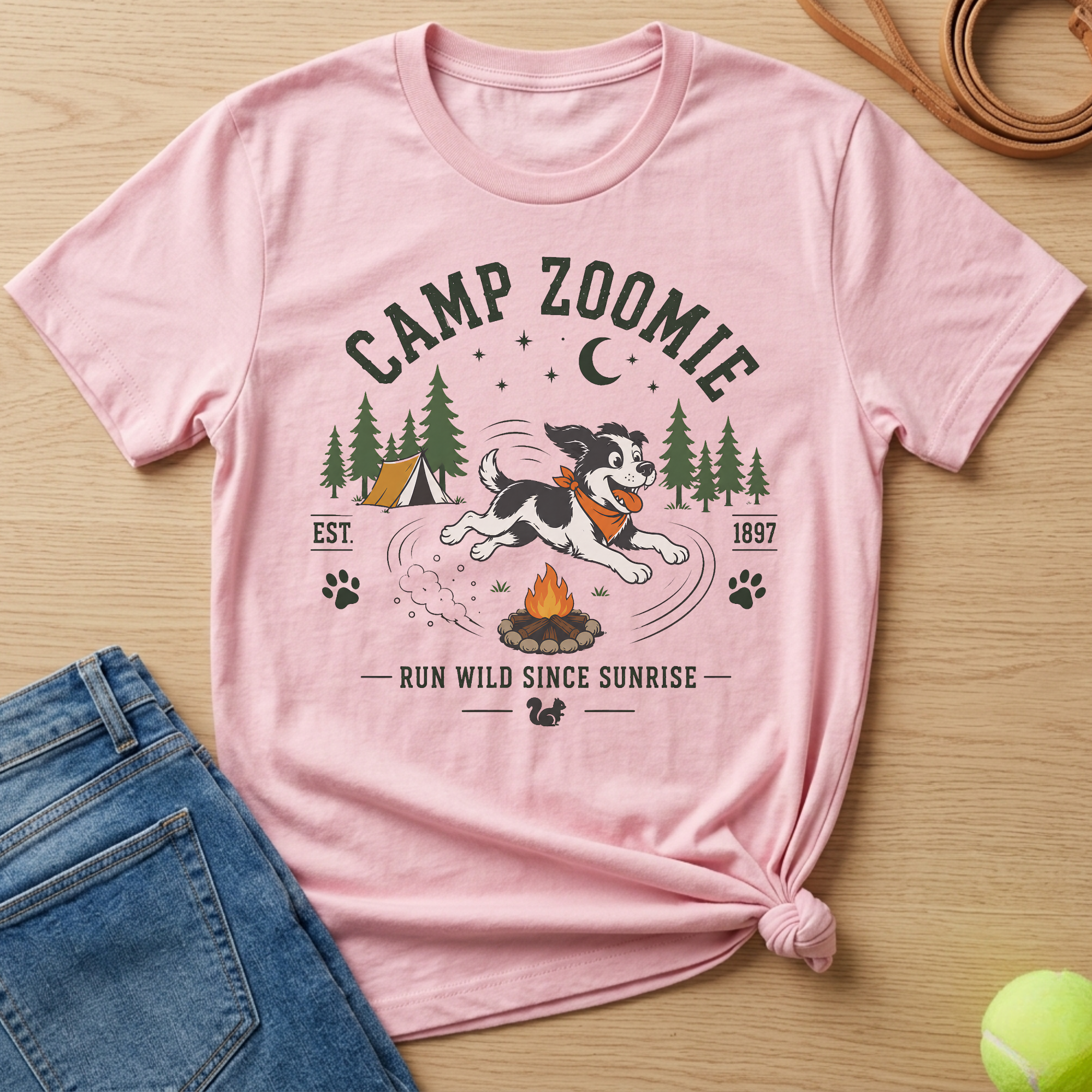 Pink t-shirt with "CAMP ZOOMIE EST. 1897 RUN WILD SINCE SUNRISE" graphic.