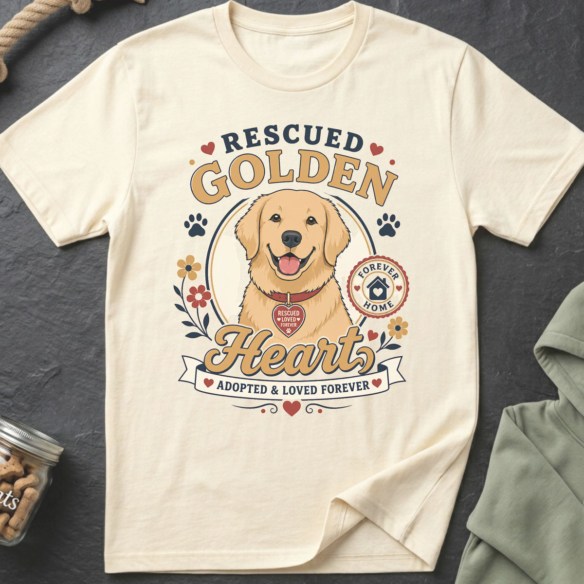Cream t-shirt with Golden Retriever graphic and text about adoption.