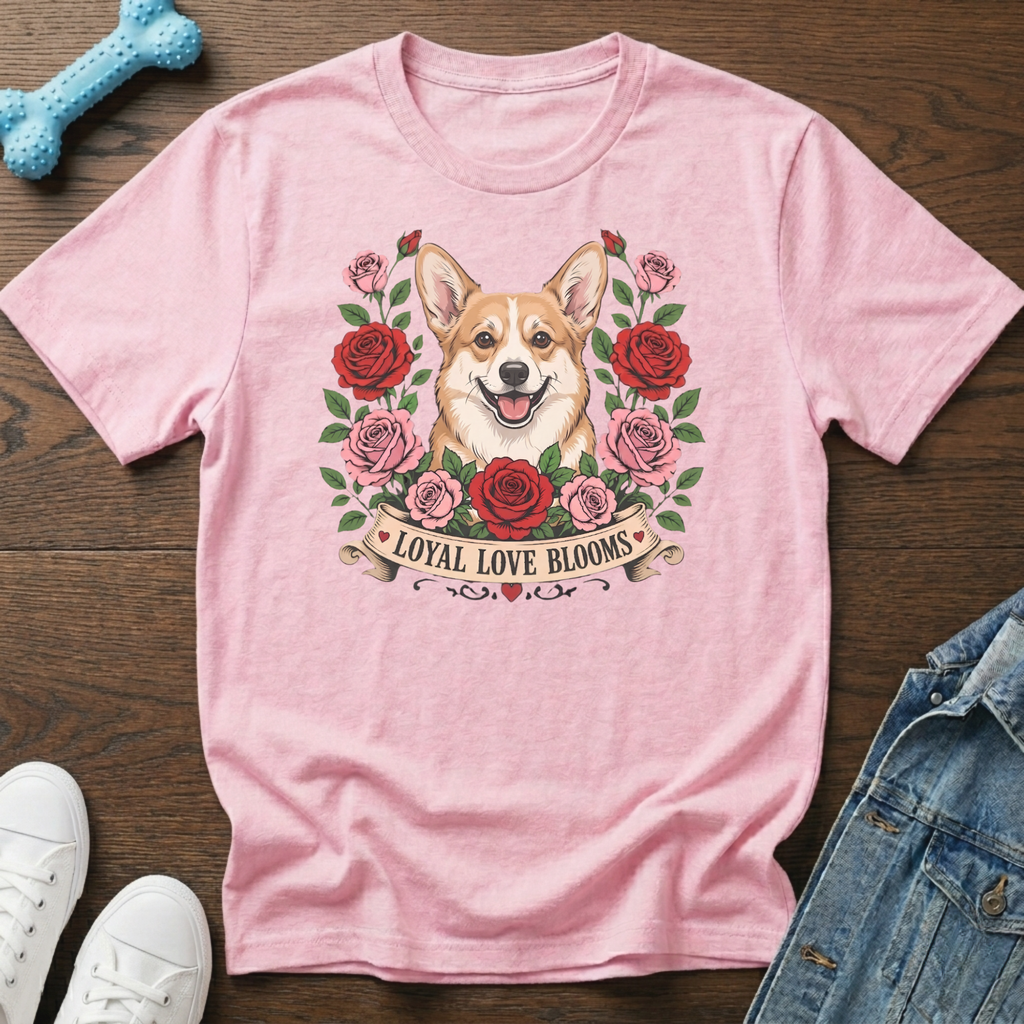 Pink t-shirt with a smiling corgi surrounded by roses and the text "Loyal Love Blooms".