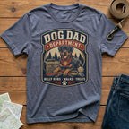 Gray t-shirt with a Rottweiler graphic and text "Dog Dad Department".