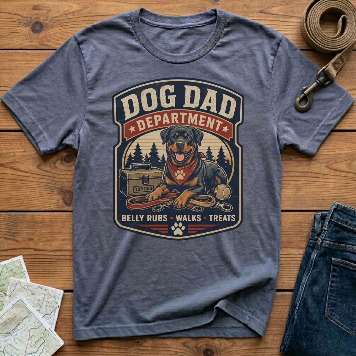 Gray t-shirt with a Rottweiler graphic and text "Dog Dad Department".