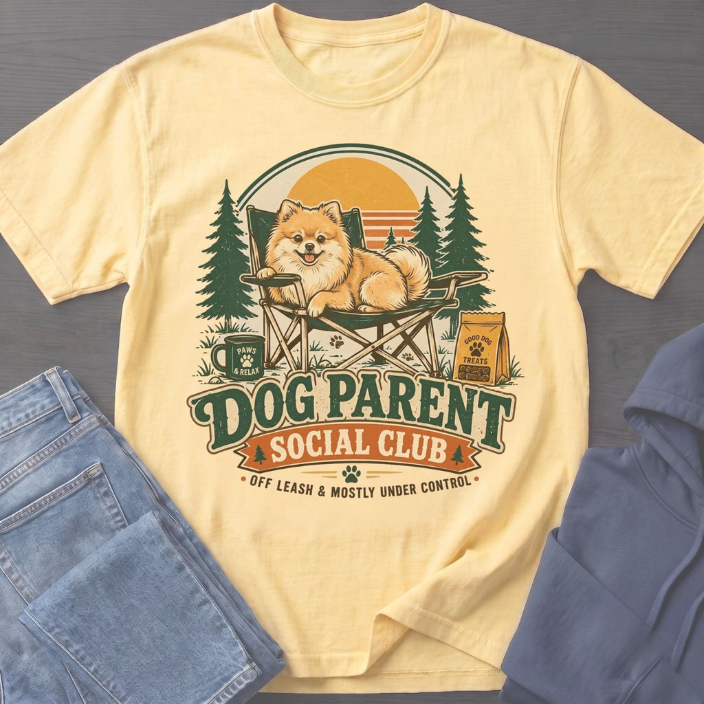 Yellow t-shirt with a Pomeranian dog relaxing in a camping chair, text reads "Dog Parent Social Club".