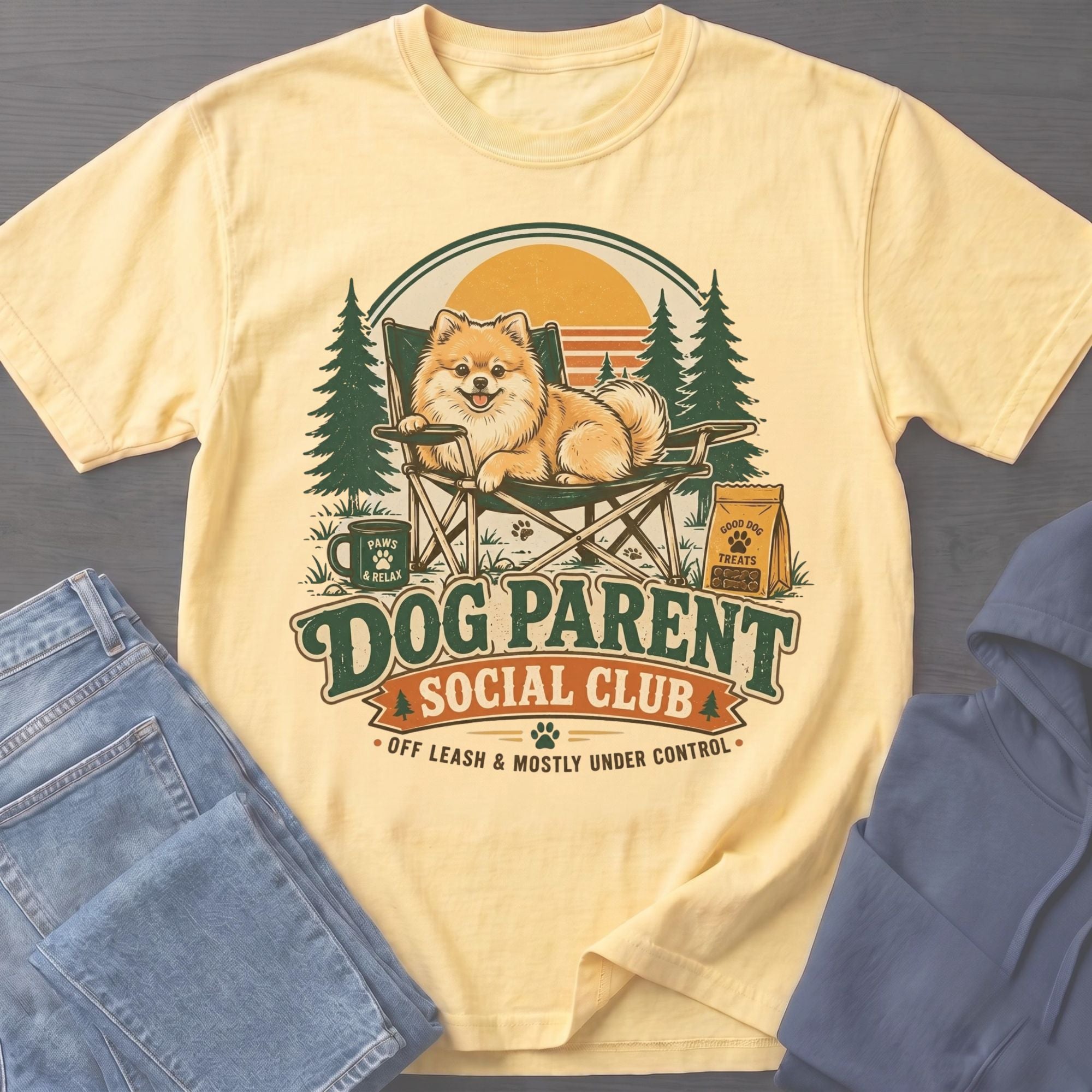 Yellow t-shirt with a Pomeranian dog relaxing in a camping chair, text reads "Dog Parent Social Club".