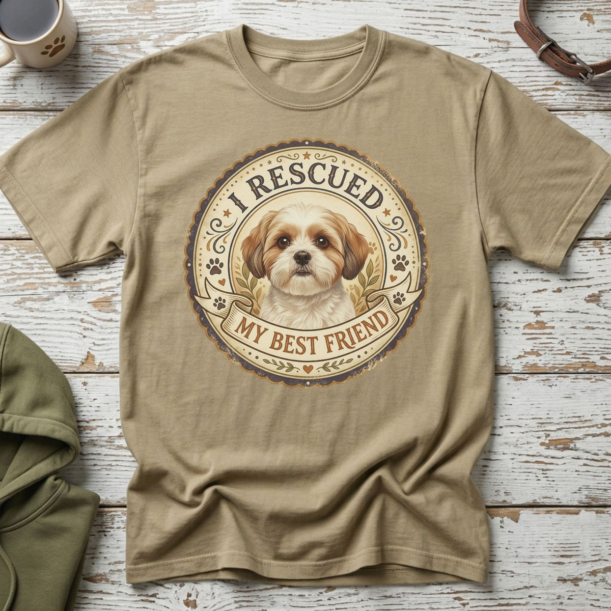 T-shirt with dog portrait and text "I Rescued My Best Friend".
