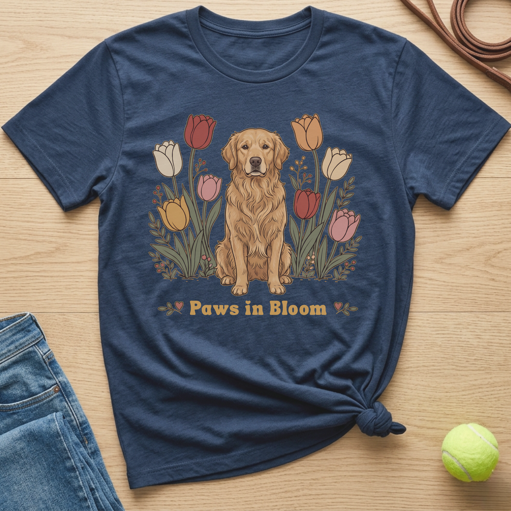 Navy t-shirt with golden retriever and tulips graphic, text "Paws in Bloom".