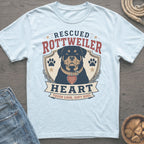 Rescued Rottweiler Heart design with dog and text "Tough look, soft soul".