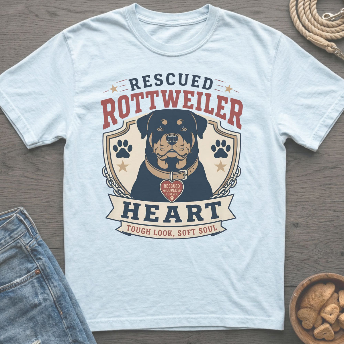 Rescued Rottweiler Heart design with dog and text "Tough look, soft soul".
