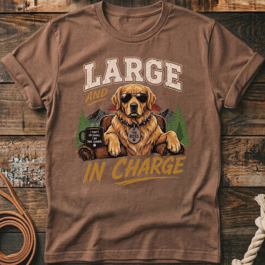 Golden retriever wearing sunglasses and a spiked collar, with text "Large and In Charge".