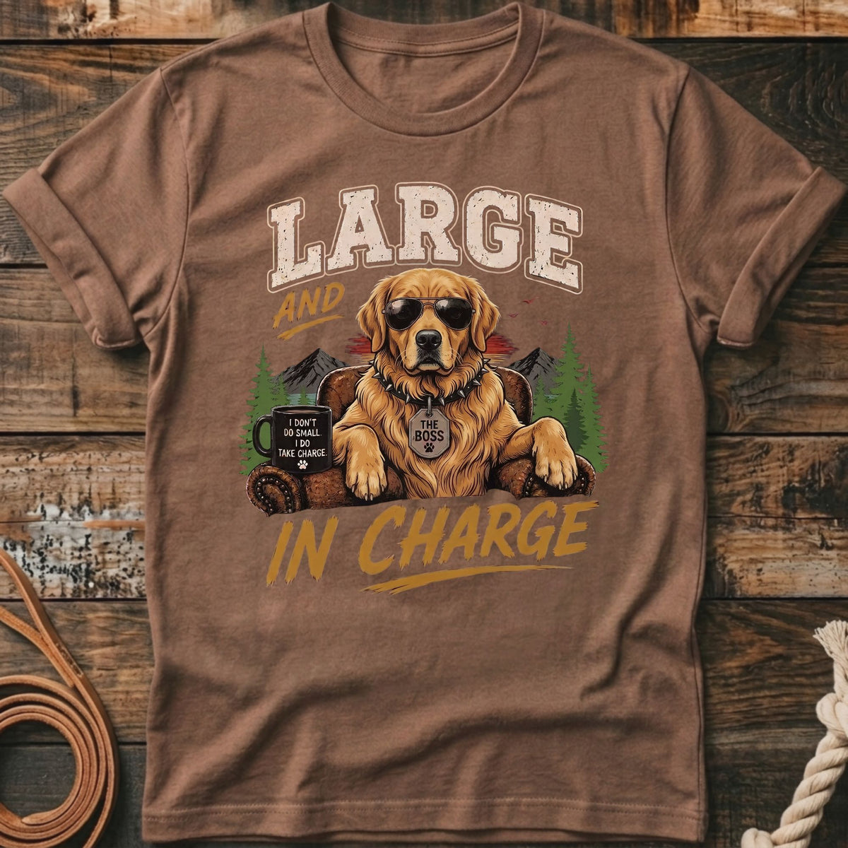 Golden retriever wearing sunglasses and a spiked collar, with text "Large and In Charge".
