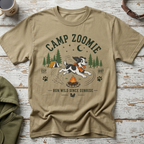 Tan t-shirt with "CAMP ZOOMIE RUN WILD SINCE SUNRISE" text and dog graphic.