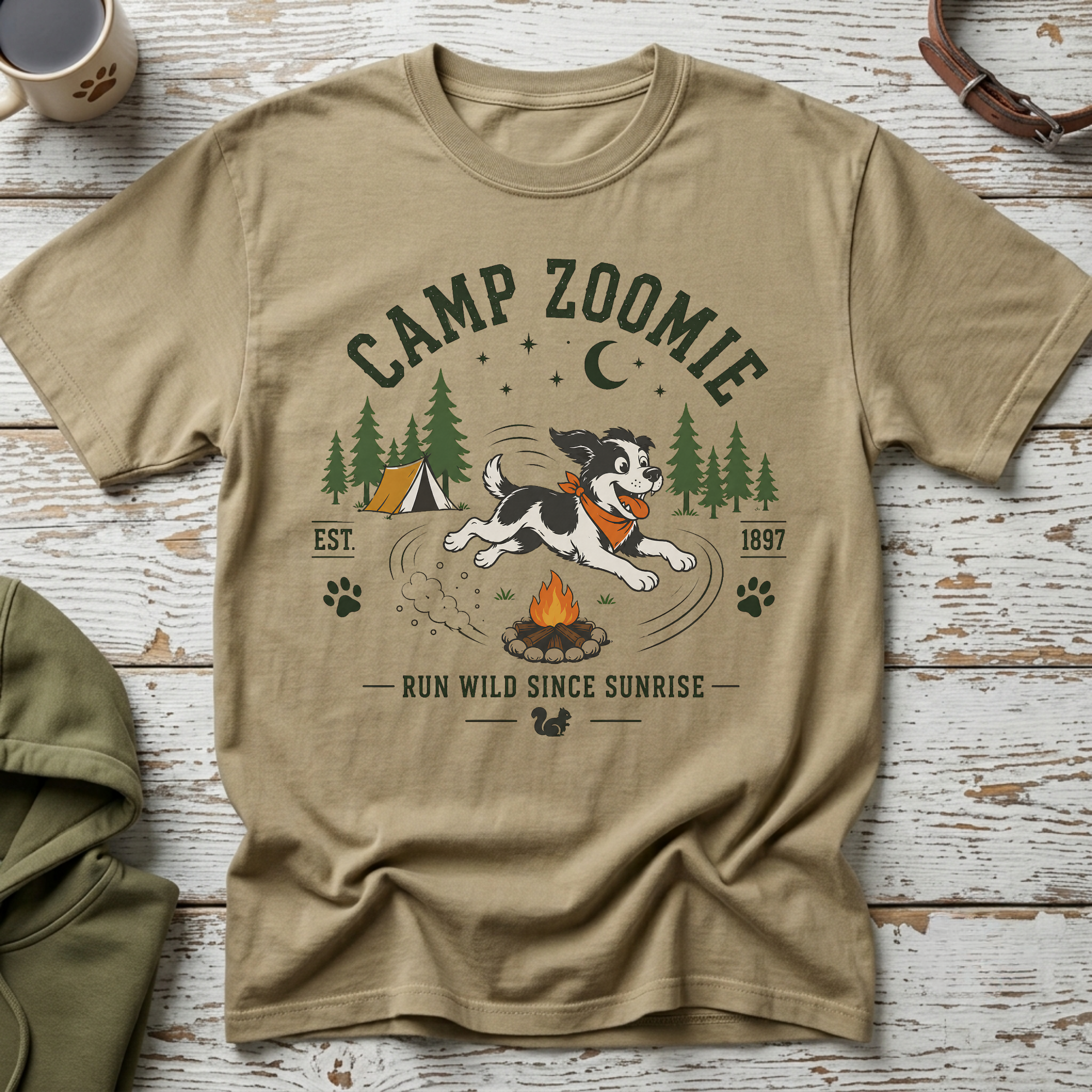 Tan t-shirt with "CAMP ZOOMIE RUN WILD SINCE SUNRISE" text and dog graphic.