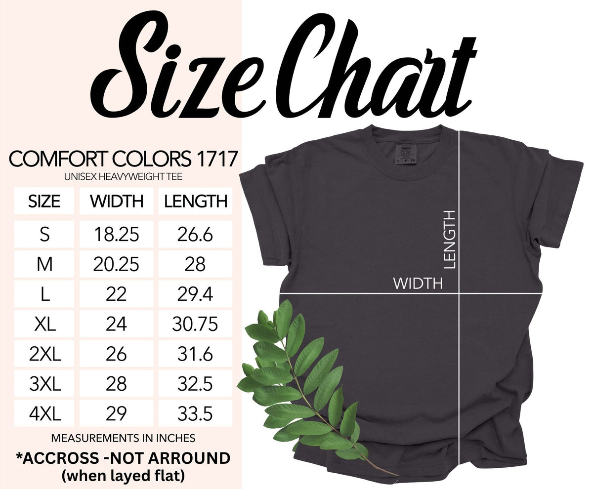 Comfort Colors 1717 unisex heavyweight tee size chart with width and length measurements in inches.