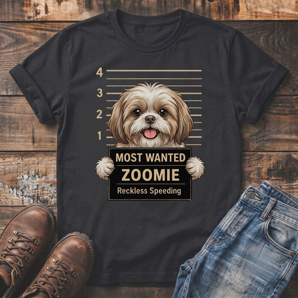 Dark t-shirt with Shih Tzu mugshot graphic: "Most Wanted Zoomie Reckless Speeding".