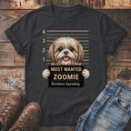 Dark t-shirt with Shih Tzu mugshot graphic: "Most Wanted Zoomie Reckless Speeding".