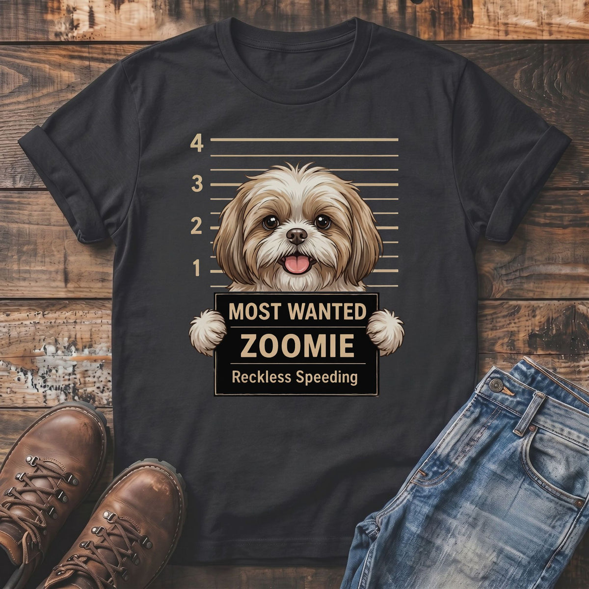 Dark t-shirt with Shih Tzu mugshot graphic: "Most Wanted Zoomie Reckless Speeding".