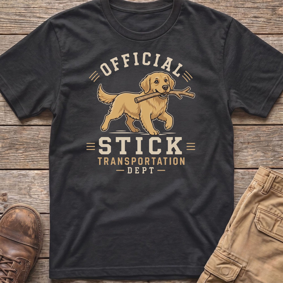 T-shirt graphic with a golden retriever holding a stick and text "Official Stick Transportation Dept."