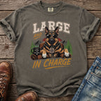 T-shirt with German Shepherd graphic, sunglasses, and text "LARGE AND IN CHARGE".