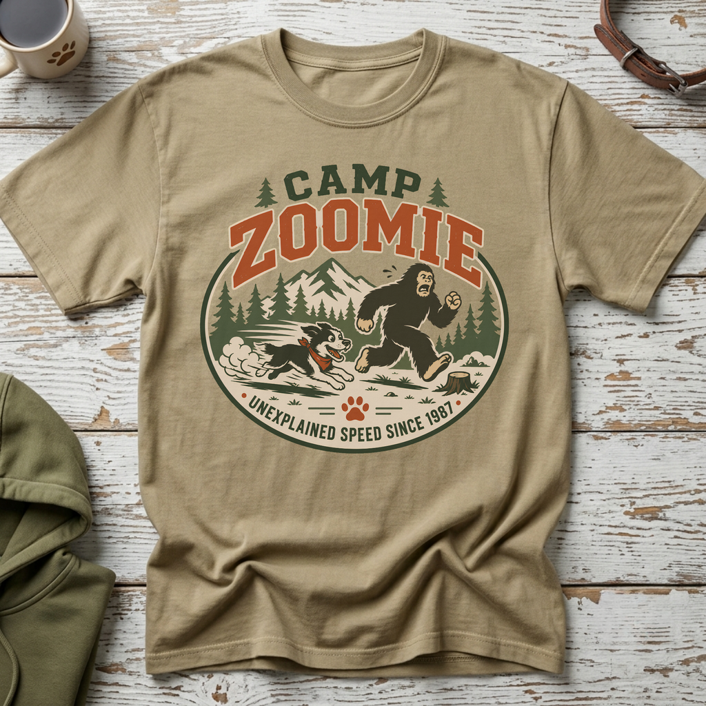 Camp Zoomie Bigfoot and dog graphic t-shirt with "Unexplained Speed Since 1987".
