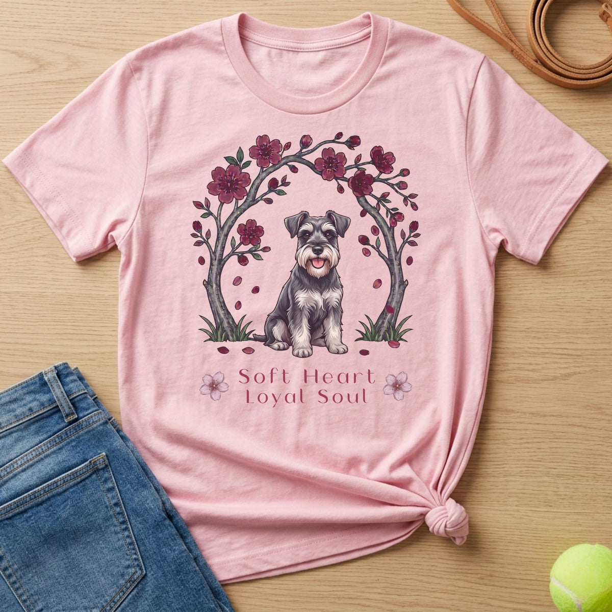Pink t-shirt with a schnauzer and flowers graphic that reads "Soft Heart Loyal Soul".