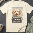 T-shirt with a dog mugshot graphic: "Most Wanted Zoomie, Reckless Speeding."