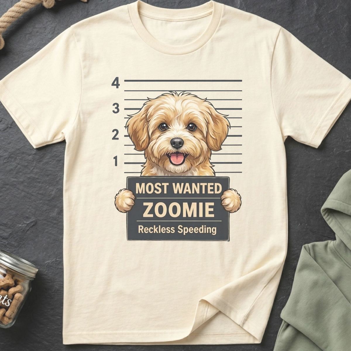 T-shirt with a dog mugshot graphic: "Most Wanted Zoomie, Reckless Speeding."