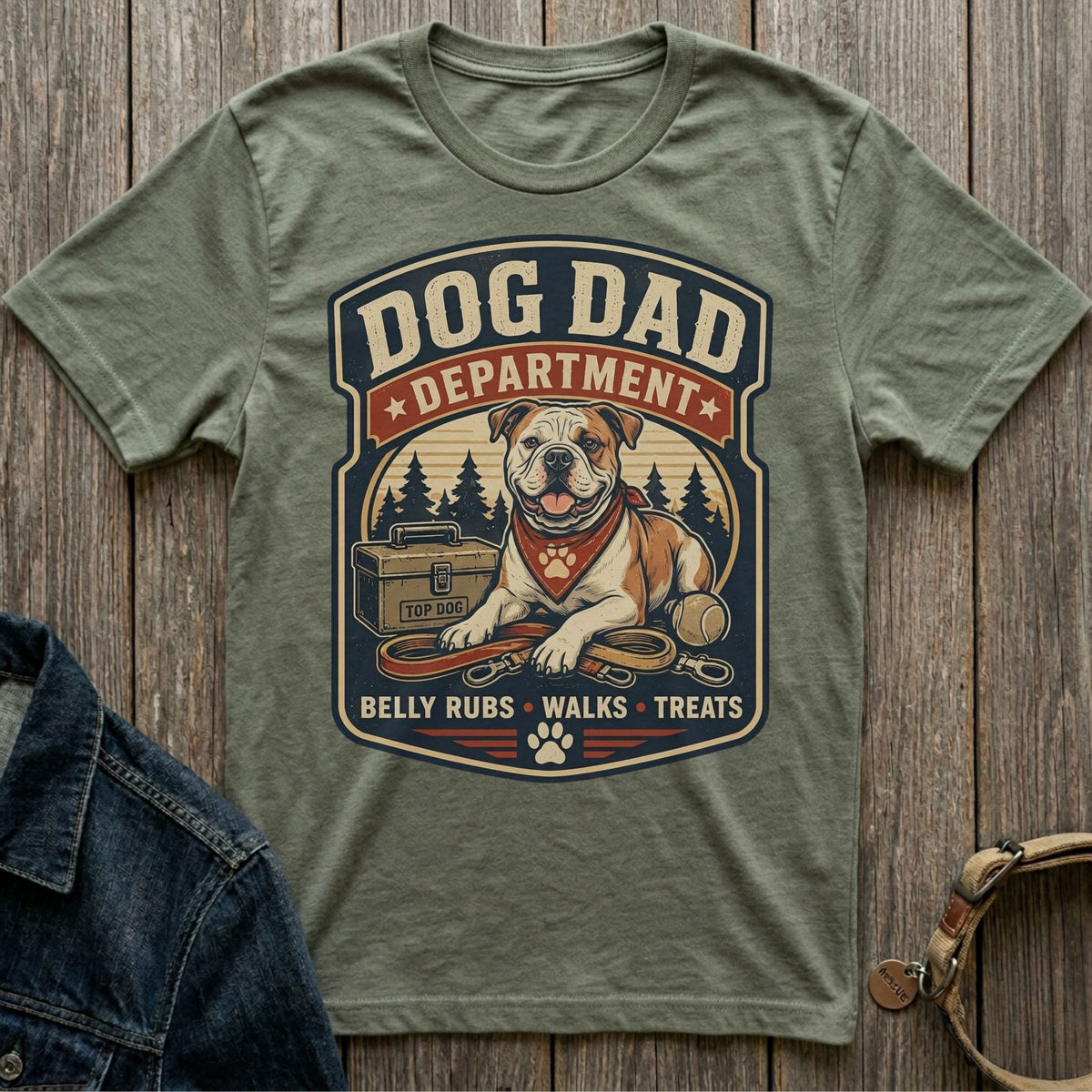 Dog Dad Department graphic with bulldog, leash, ball, and toolbox.