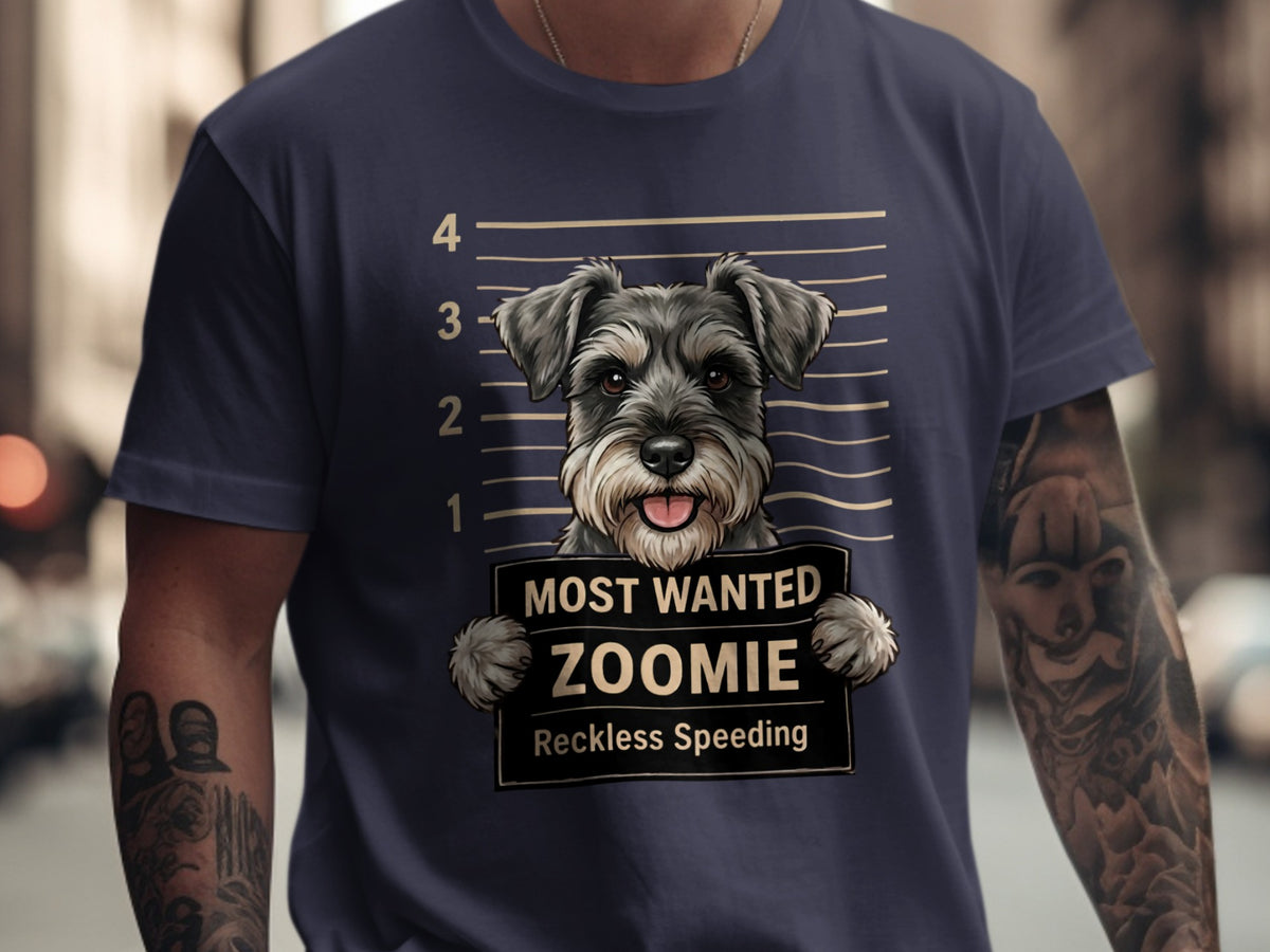 Schnauzer mugshot graphic with "Most Wanted Zoomie Reckless Speeding" text.