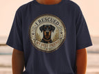 Navy t-shirt with a Doberman and text "I RESCUED MY BEST FRIEND."