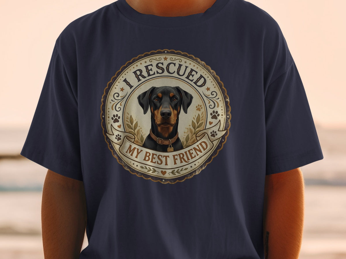 Navy t-shirt with a Doberman and text "I RESCUED MY BEST FRIEND."