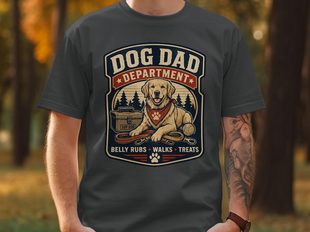 Dog Dad Department graphic with golden retriever, leash, treats box, and ball.
