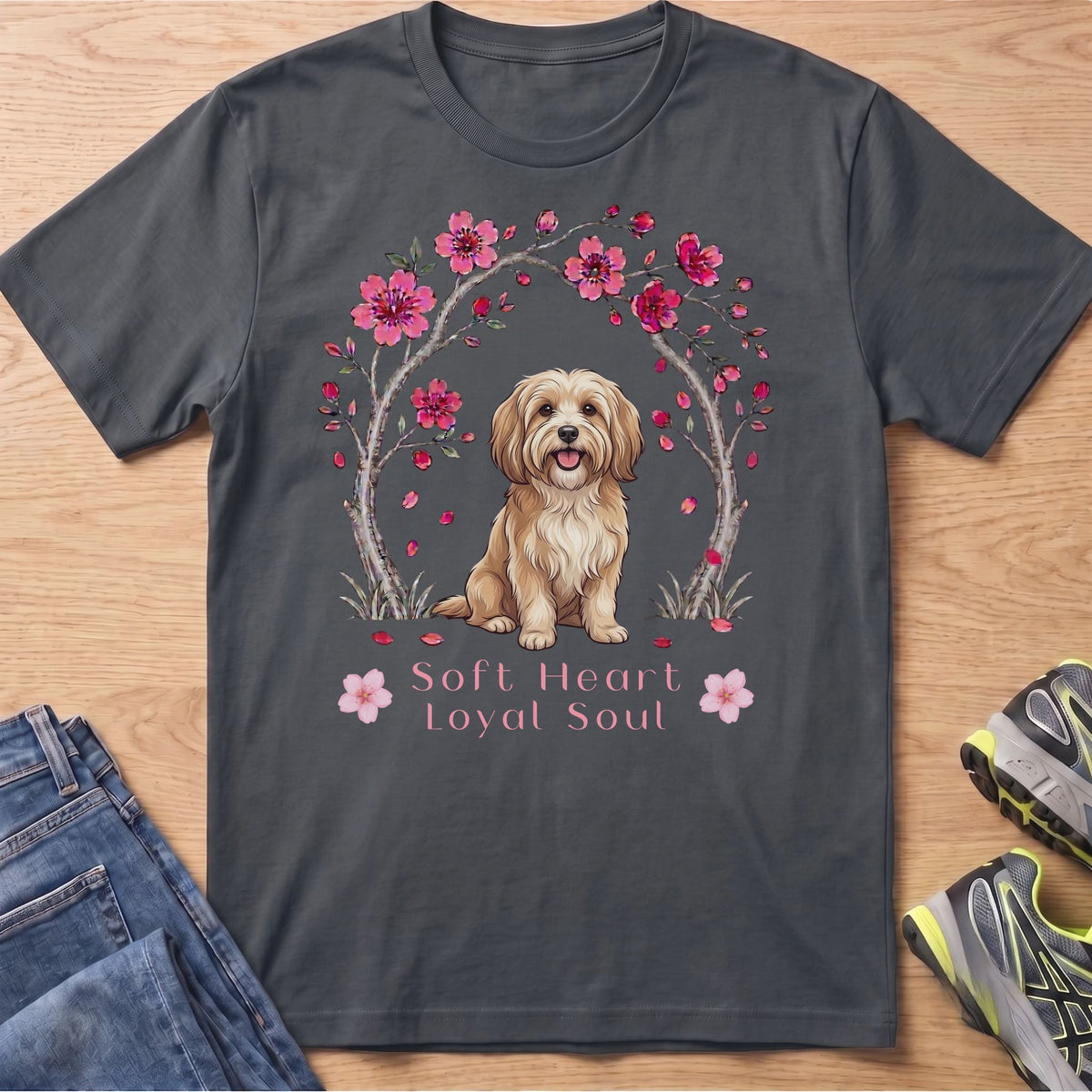 T-shirt with golden retriever illustration and text "Soft Heart Loyal Soul."