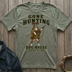Green t-shirt with "Gone Hunting Dog House Hunt Club" and a boxer dog holding a rifle.
