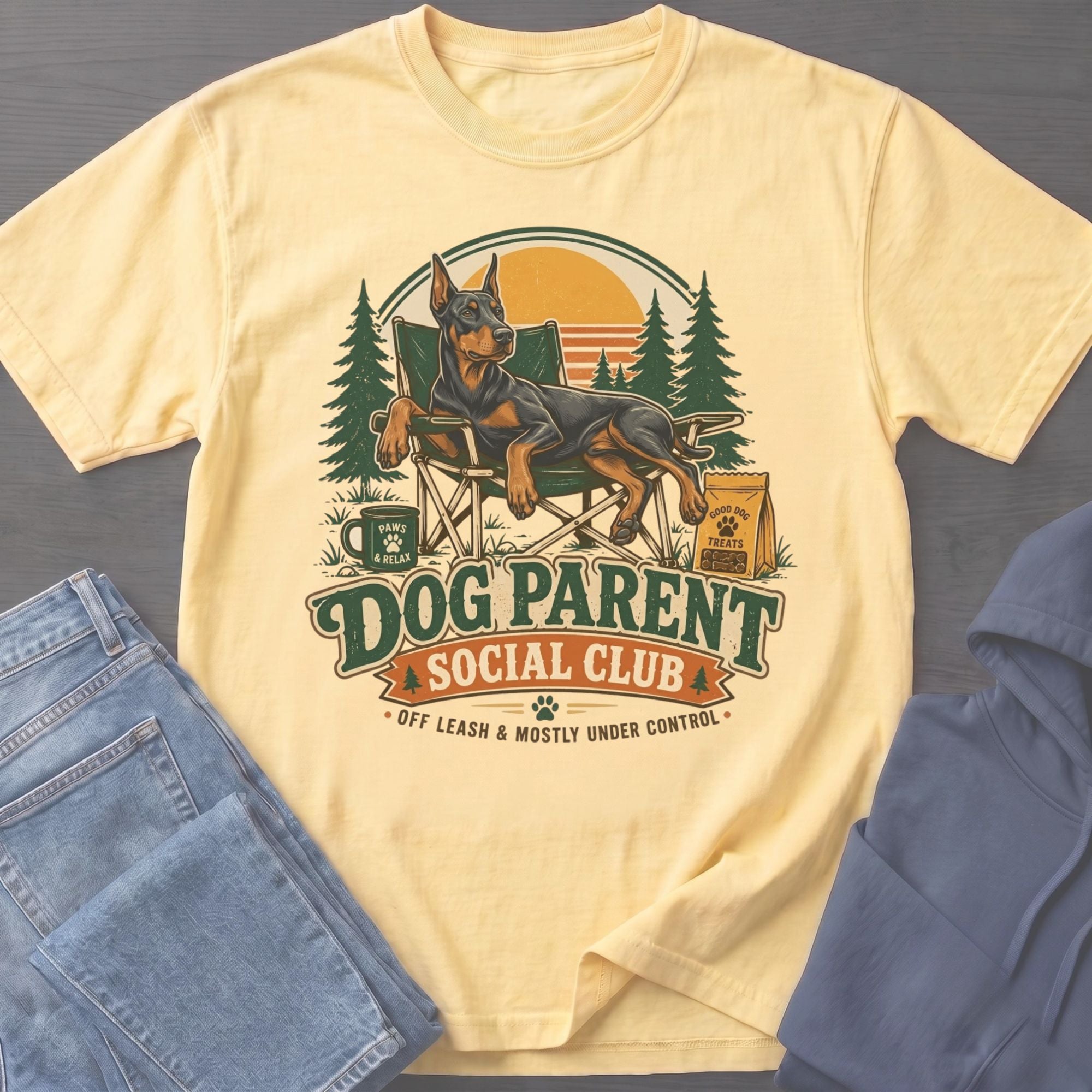 Doberman on chair with "Dog Parent Social Club" text and camping scene.