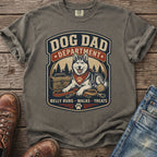 Dog Dad Department t-shirt with husky graphic, toolbox, and leashes.