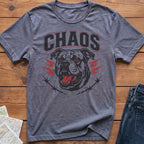 Gray t-shirt with "CHAOS" text above an angry bulldog head with red accents and barbed wire.