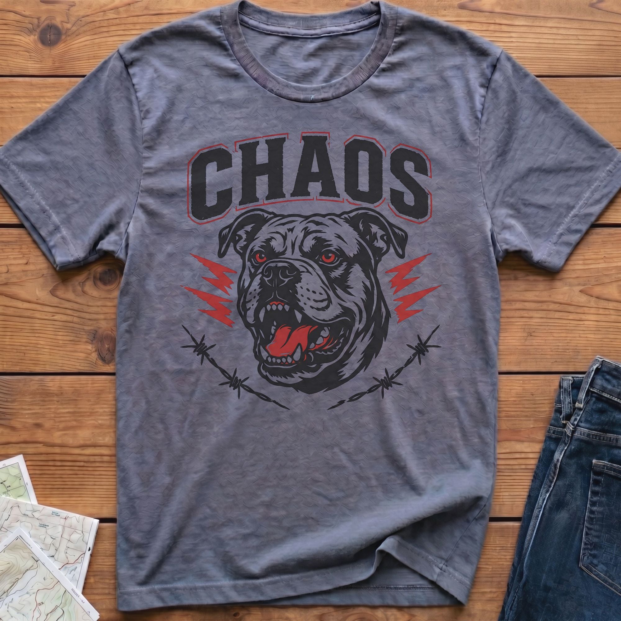 Gray t-shirt with "CHAOS" text above an angry bulldog head with red accents and barbed wire.