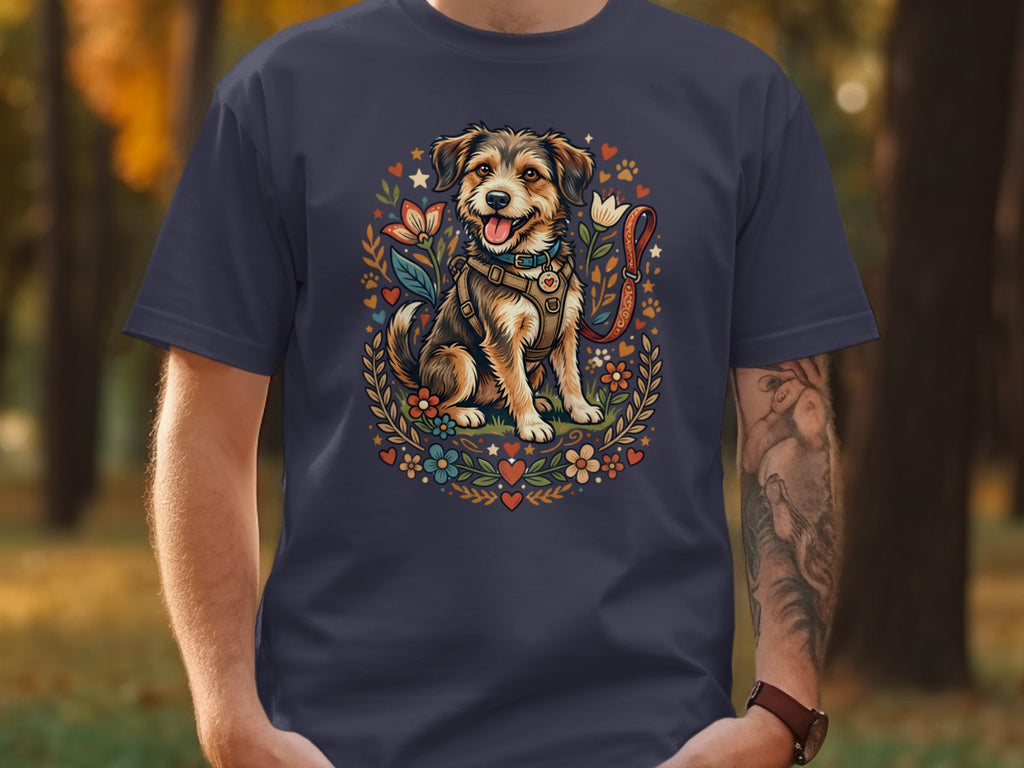 T-shirt graphic of a happy dog in a floral wreath with a leash.