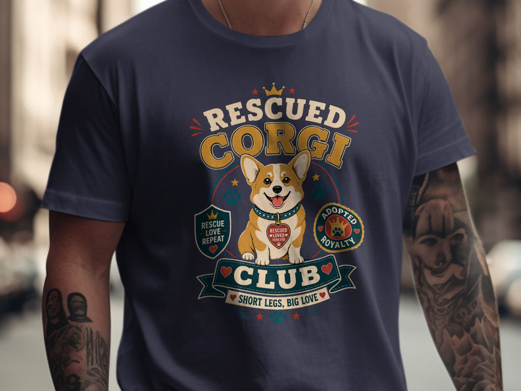 Navy t-shirt with a "Rescued Corgi Club" design featuring a smiling corgi.